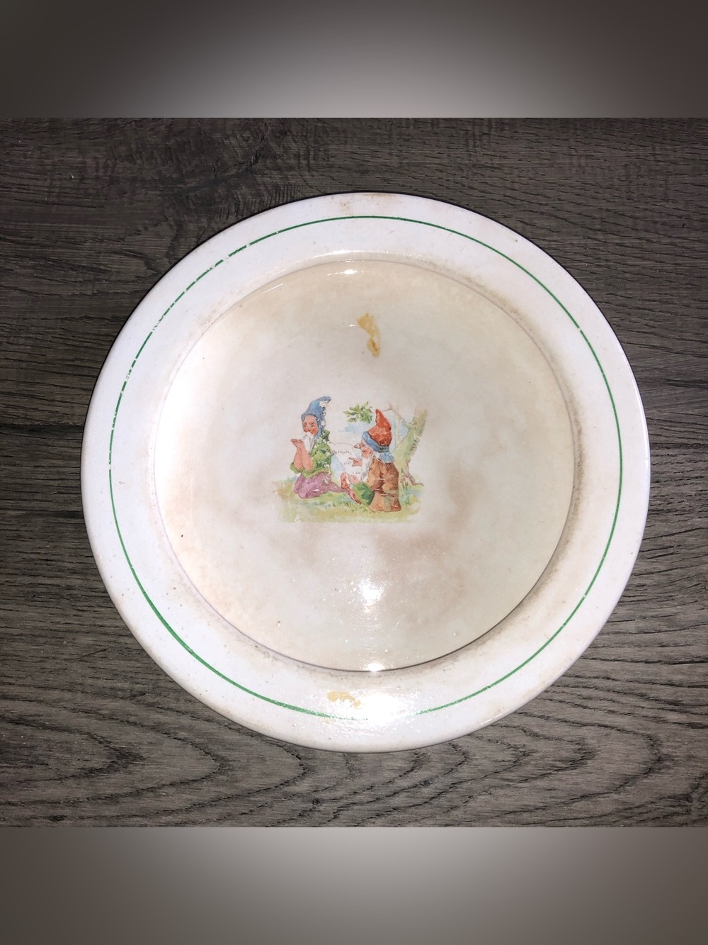 Antique (?) ELPCO China Nursery Gnome Child’s Plate 7.5” Green Rim Made in USA